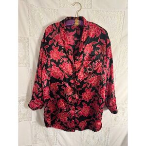 VTG Gold Label Victoria's Secret Black Red Floral Satin Button Up Robe Size L-XL
